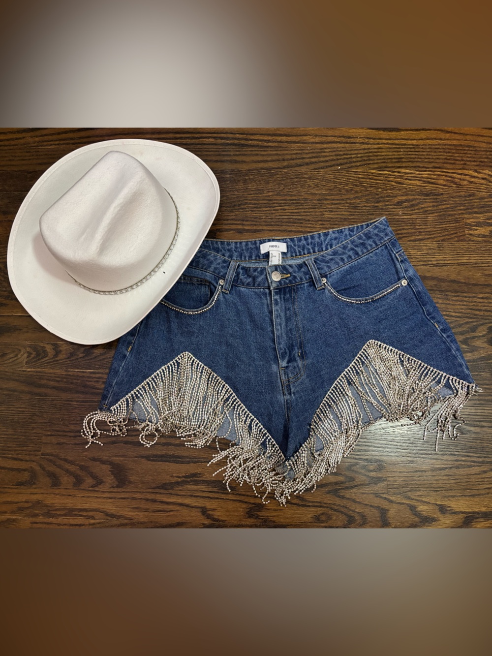 Cowgirl Blue Denim Shorts with Silver Rhinestone Fringe w Cowboy Hat Sparkl